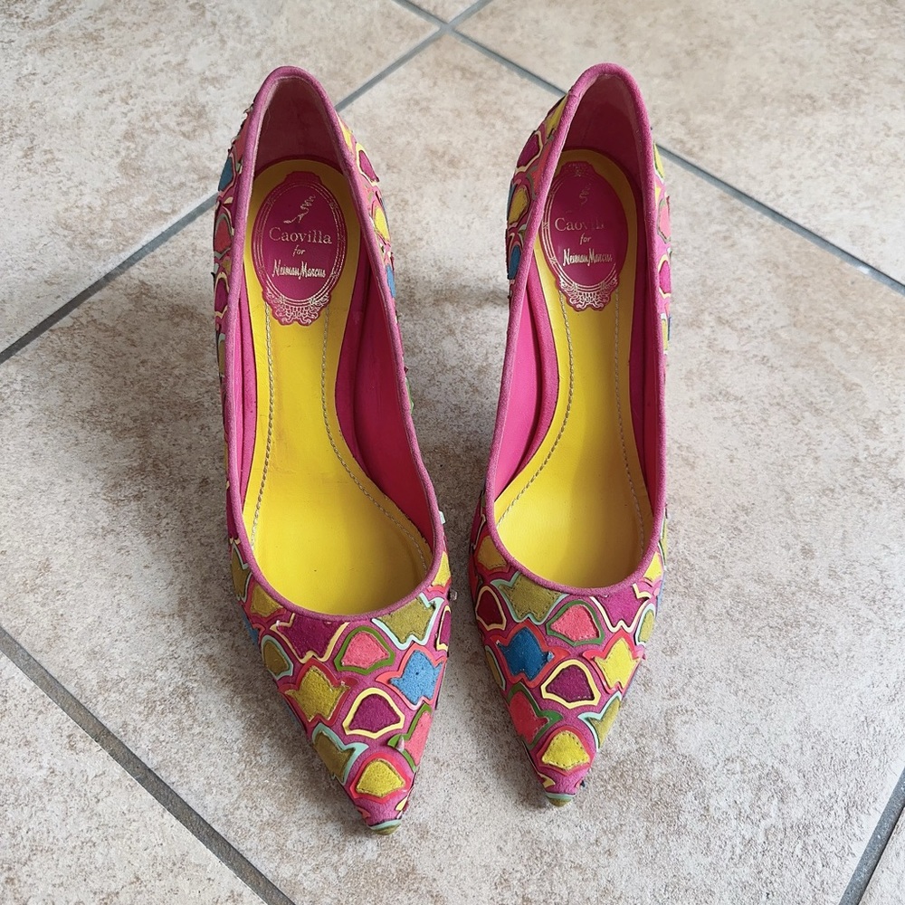 Rene Caovilla Shoes for Neiman Marcus Pink Glitter Suede Patchwork Colorful
